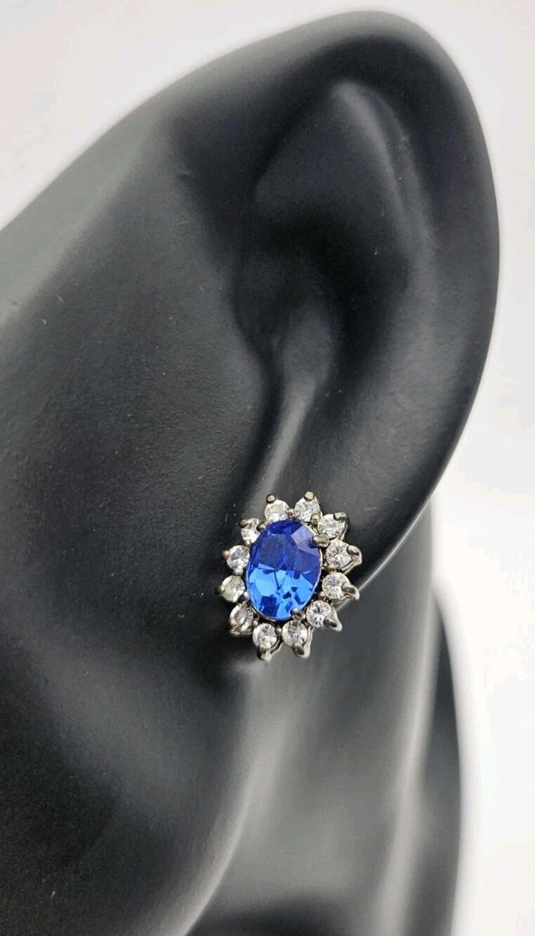 Blue Rhinestone Stud Earrings Faux Sapphire Oval Crystal Silver Tone Costume...